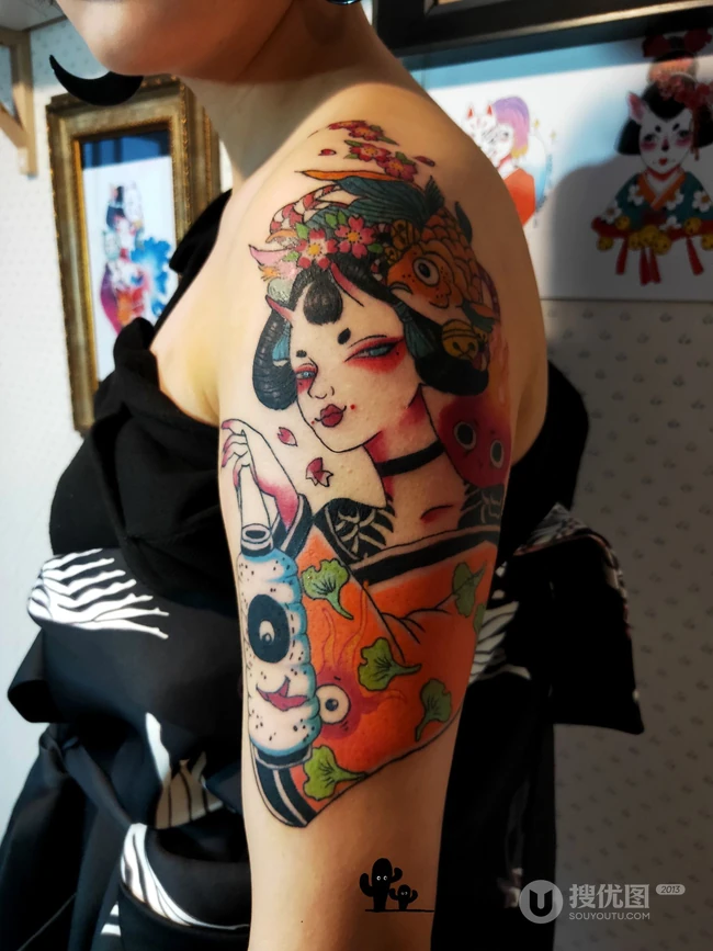 日和风，歌姬彩绘纹身，纹身女生胳膊上的日本歌姬大纹身彩绘图案图片