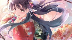 风起，站在古建筑前或树木前的日系风和服装二次元动漫少女插画壁纸图片