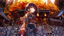 风起，站在古建筑前或树木前的日系风和服装二次元动漫少女插画壁纸图片