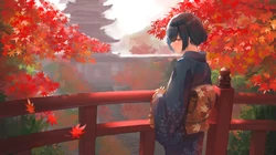 风起，站在古建筑前或树木前的日系风和服装二次元动漫少女插画壁纸图片