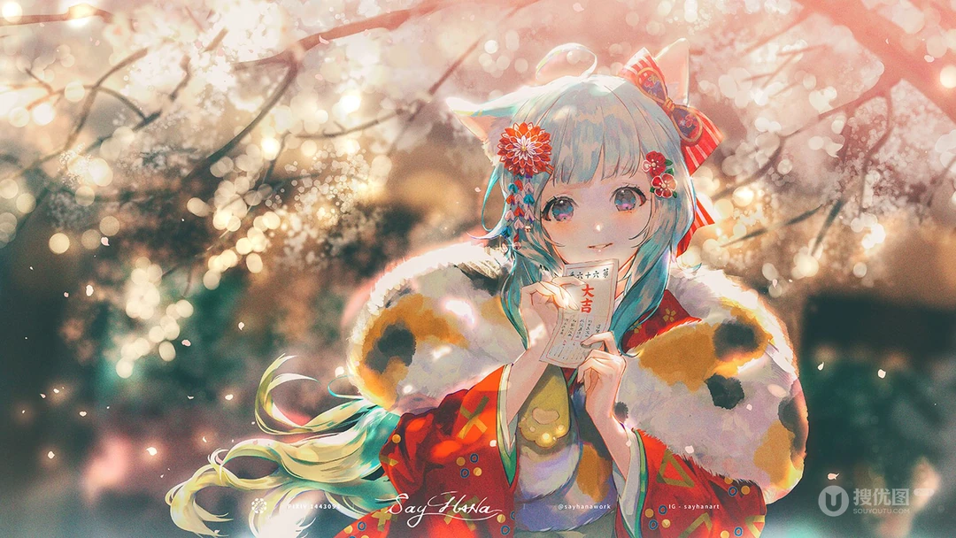 风起，站在古建筑前或树木前的日系风和服装二次元动漫少女插画壁纸图片