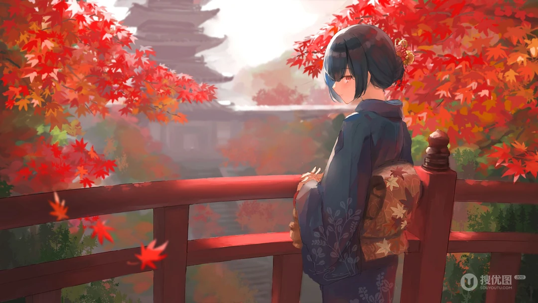 风起，站在古建筑前或树木前的日系风和服装二次元动漫少女插画壁纸图片