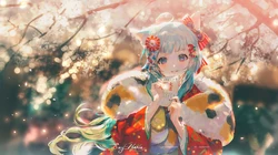 风起，站在古建筑前或树木前的日系风和服装二次元动漫少女插画壁纸图片