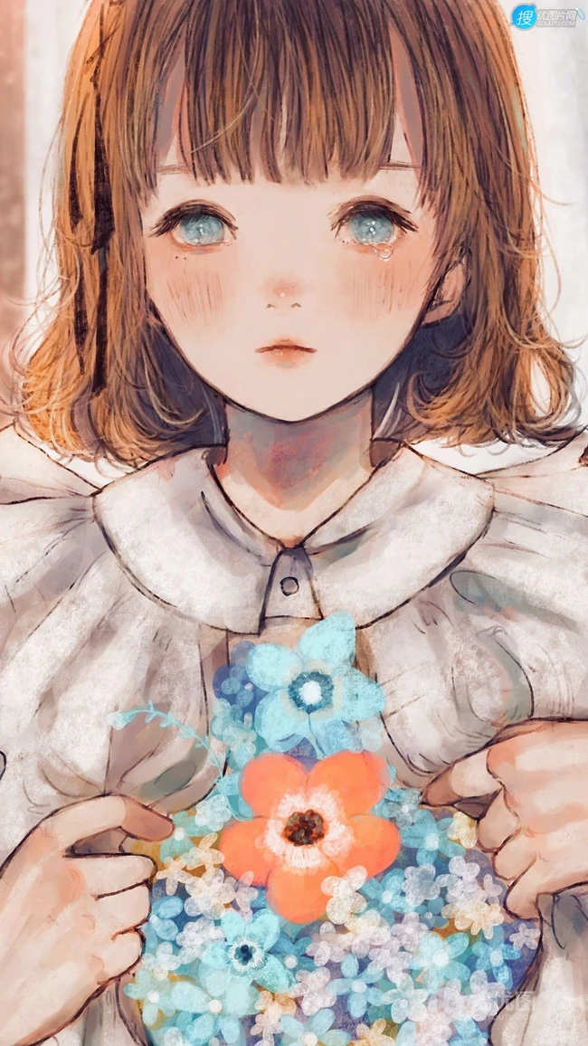 眼角噙着泪水的二次元白裙少女，女孩高清手绘插画套图手机壁纸图片