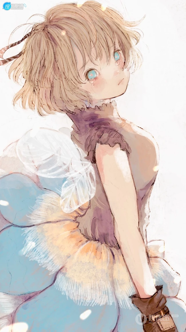 眼角噙着泪水的二次元白裙少女，女孩高清手绘插画套图手机壁纸图片