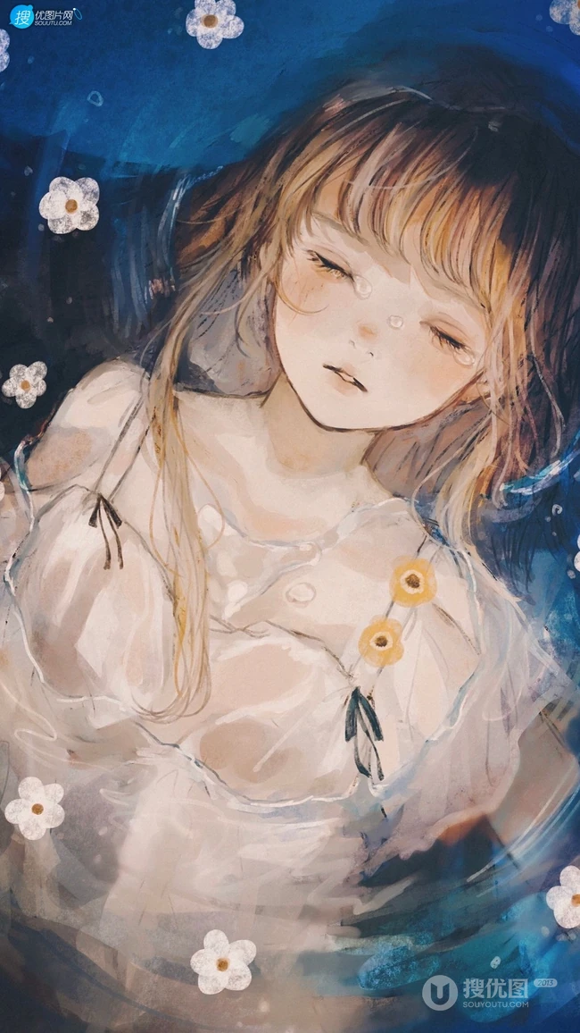 眼角噙着泪水的二次元白裙少女，女孩高清手绘插画套图手机壁纸图片