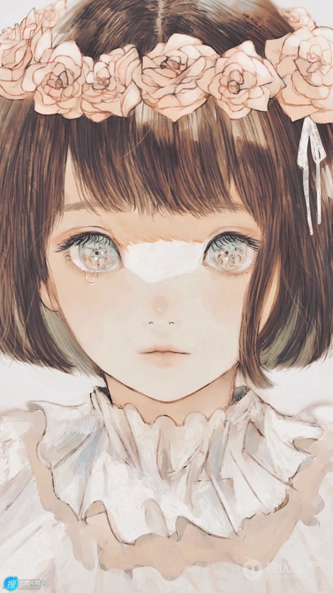 眼角噙着泪水的二次元白裙少女，女孩高清手绘插画套图手机壁纸图片