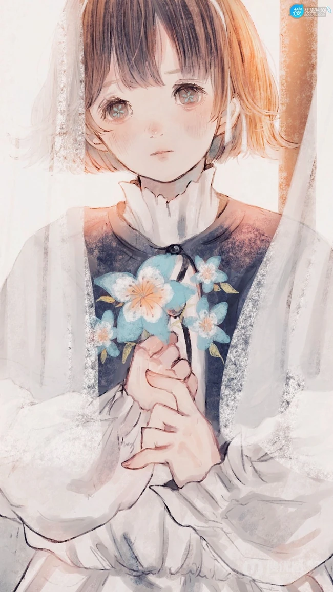 眼角噙着泪水的二次元白裙少女，女孩高清手绘插画套图手机壁纸图片