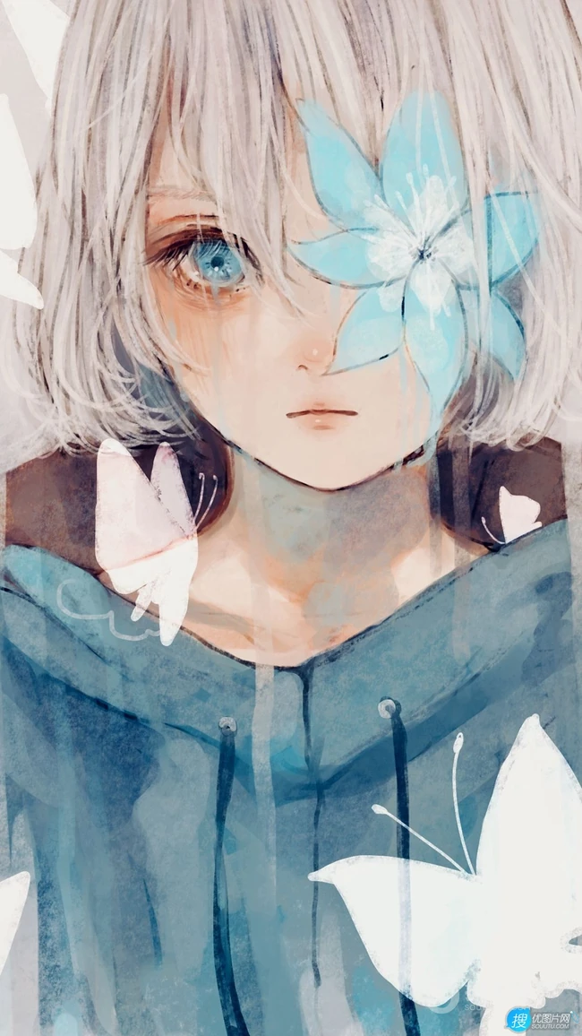 眼角噙着泪水的二次元白裙少女，女孩高清手绘插画套图手机壁纸图片