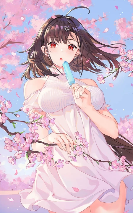 樱花树下吃冰棍的性感粉裙美腿动漫美女插画手机壁纸图片