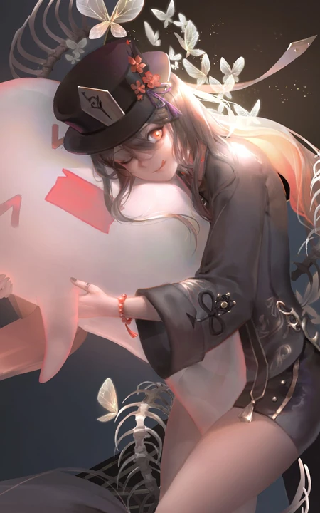 抱着可爱幽灵的性感胡桃，游戏《原神》角色人物胡桃高清插画手机壁纸套图