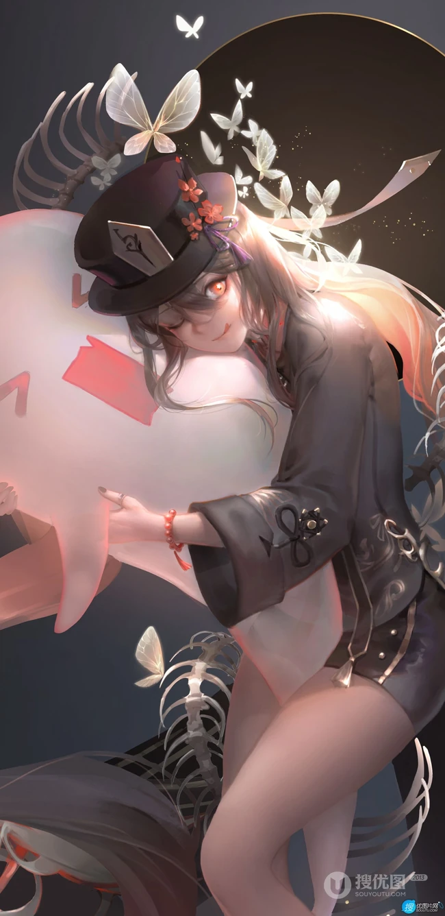 抱着可爱幽灵的性感胡桃，游戏《原神》角色人物胡桃高清插画手机壁纸套图