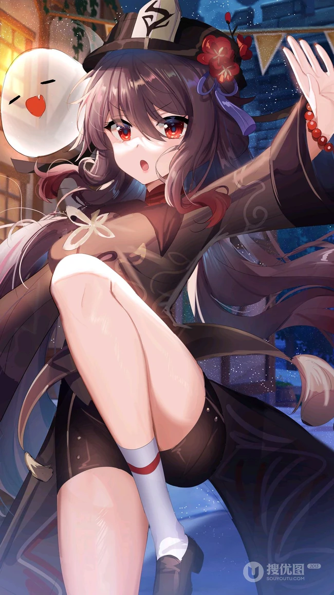 抱着可爱幽灵的性感胡桃，游戏《原神》角色人物胡桃高清插画手机壁纸套图