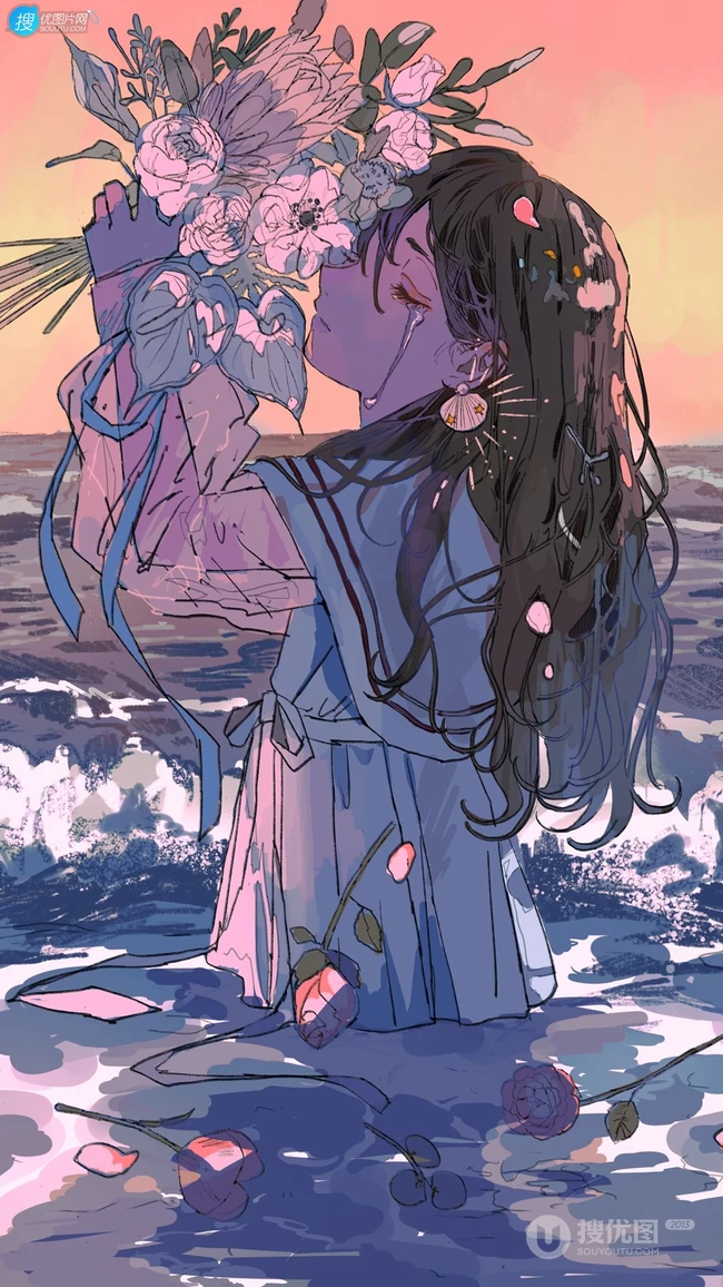 以水，雨，海为题材的二次元伤感动漫少女插画图集手机壁纸图片欣赏