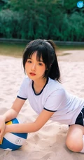 浅粉脸蛋的甜美可爱17岁马尾辫少女紧身运动T恤短裤沙滩玩排球写真套图