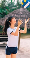 浅粉脸蛋的甜美可爱17岁马尾辫少女紧身运动T恤短裤沙滩玩排球写真套图