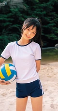 浅粉脸蛋的甜美可爱17岁马尾辫少女紧身运动T恤短裤沙滩玩排球写真套图