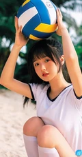 浅粉脸蛋的甜美可爱17岁马尾辫少女紧身运动T恤短裤沙滩玩排球写真套图
