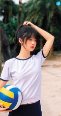 浅粉脸蛋的甜美可爱17岁马尾辫少女紧身运动T恤短裤沙滩玩排球写真套图