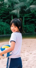 浅粉脸蛋的甜美可爱17岁马尾辫少女紧身运动T恤短裤沙滩玩排球写真套图