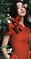 陈都灵气质花边红色连衣裙装扮，园中漫步，悠然赏花户外写真美照