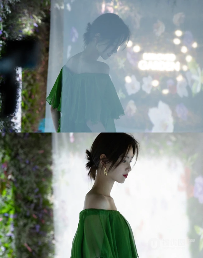 陈都灵绿意盎然露肩长裙着身在如秘境般的花园浪漫写真图片