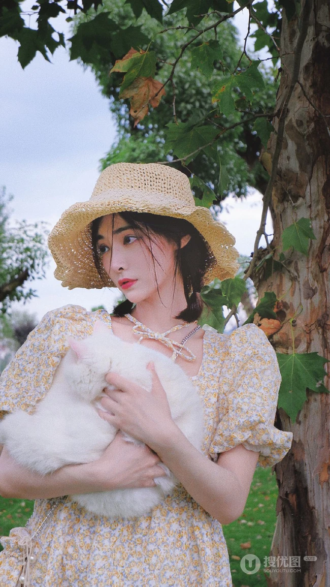 许佳琪头戴草帽，手抱猫咪，身穿小碎花裙户外清新写真图片