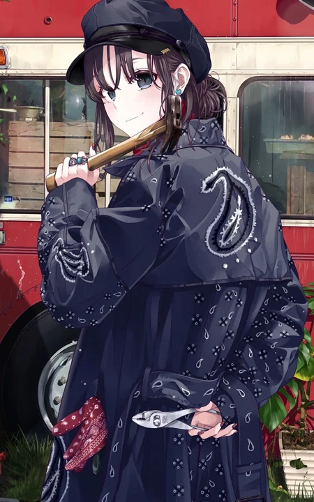 左手锤子，右手钳子的酷飒大衣穿着动漫美少女高清插画手机壁纸