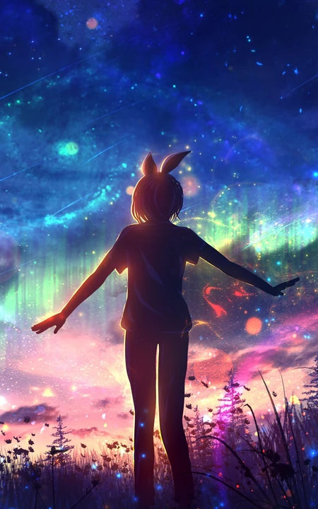 浪漫星空下张开手臂的兔耳兔动漫美少女背影唯美高清手机壁纸图片