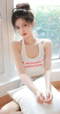 胸前的字母好可爱，漂亮浅粉的丸子头少女居家背心短裤穿着楼梯间写真图集