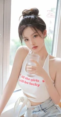 胸前的字母好可爱，漂亮浅粉的丸子头少女居家背心短裤穿着楼梯间写真图集
