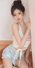 胸前的字母好可爱，漂亮浅粉的丸子头少女居家背心短裤穿着楼梯间写真图集