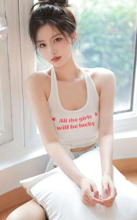 胸前的字母好可爱，漂亮浅粉的丸子头少女居家背心短裤穿着楼梯间写真图集