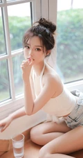 胸前的字母好可爱，漂亮浅粉的丸子头少女居家背心短裤穿着楼梯间写真图集