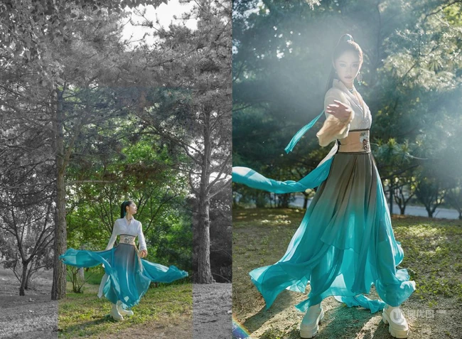 周洁琼蓝衫飘飘古装穿搭户外林间酷飒森系写真美照
