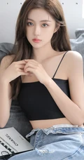 气质颜值女生主播石茜s紧身肩带文胸衣牛仔穿着居家写真美背动人图片