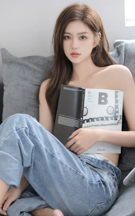 气质颜值女生主播石茜s紧身肩带文胸衣牛仔穿着居家写真美背动人图片