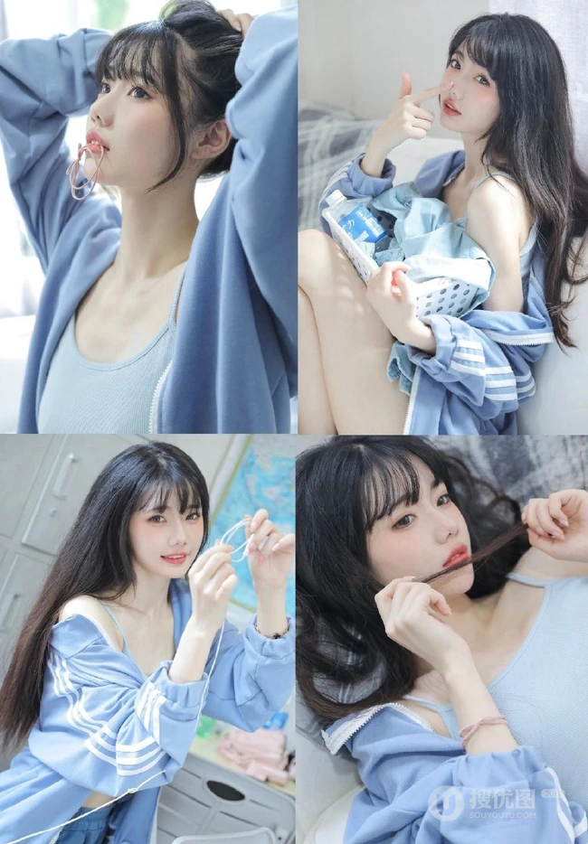 眉眼清秀，脸蛋浅粉长发女生小姐姐身着肩带背心短裤居家甜美写真图片