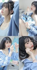 眉眼清秀，脸蛋浅粉长发女生小姐姐身着肩带背心短裤居家甜美写真图片
