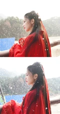 白鹿一袭古风新娘装红裙造型凄柔美丽，电视剧《周生如故》幕后写真照