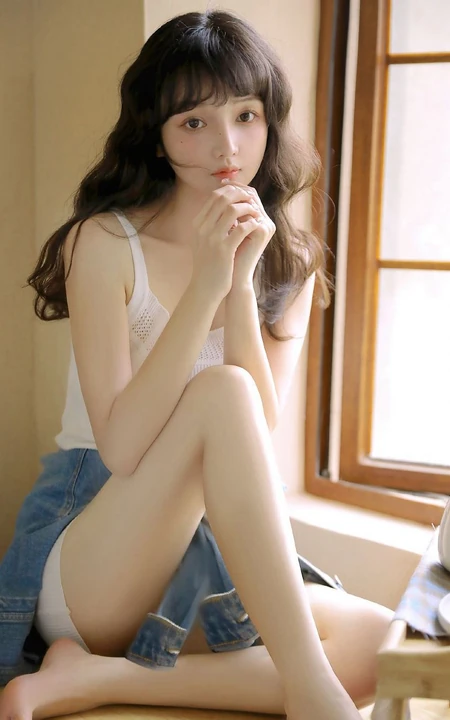 精致小脸，高颜值新疆少女清新清新白色肩带连衣裙居家窗前温暖写真图集