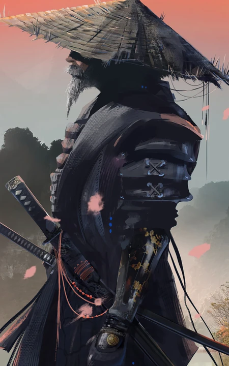 戴着斗笠，留着山羊胡，腰挎双刀得武士酷飒侧影动漫手机壁纸图片