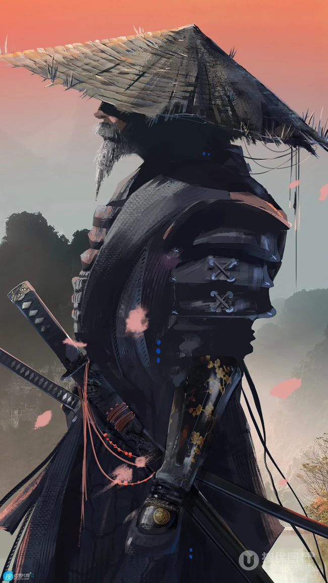 戴着斗笠，留着山羊胡，腰挎双刀得武士酷飒侧影动漫手机壁纸图片