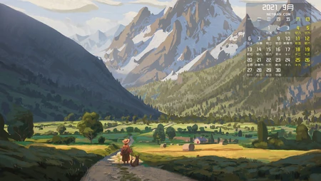 雪山 树木 山间 一人一狗 猎人 唯美2021年9月动漫插画日历壁纸图片