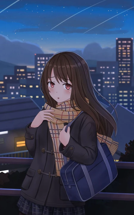 围着围巾，站在寒风街头的动漫少女手机壁纸图片