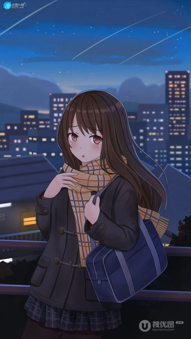 围着围巾，站在寒风街头的动漫少女手机壁纸图片