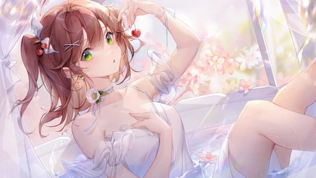 浴缸里，手拿樱桃沐浴的二次元动漫白裙美少女高清插画壁纸图片