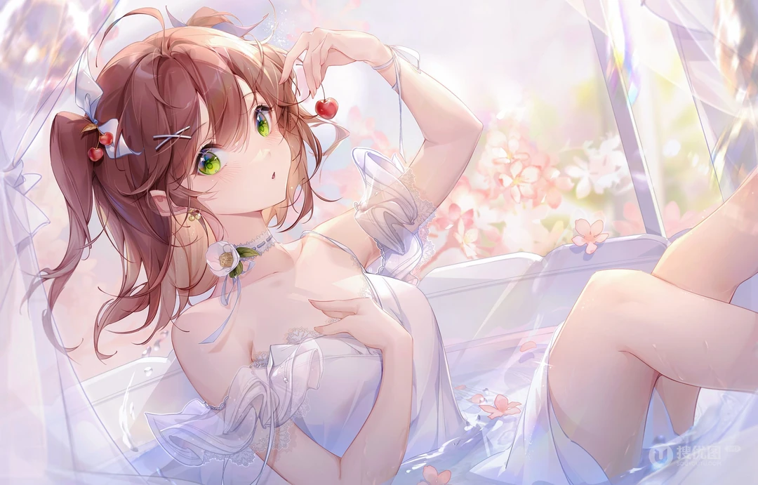 浴缸里，手拿樱桃沐浴的二次元动漫白裙美少女高清插画壁纸图片
