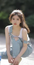 扎着马尾辫发型的青春少女肩带牛仔裤穿搭街拍写真套图