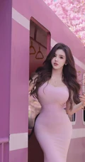 超气质卷发女生轻熟紧身粉色连衣裙穿搭尽显凹凸有致匀称身材写真图片